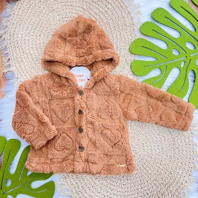 Casaco Avulso de Pelinho Corações com Capuz e Botões - Caramelo 